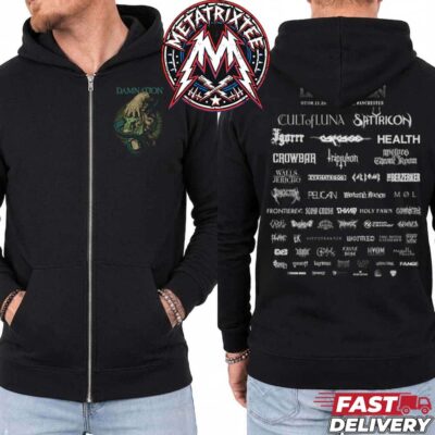 Black zip-up hoodie featuring a snake and skeletal hand chest crest and the full Damnation 2026 band lineup printed across the back.
