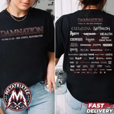 Front and back views of a black Damnation Festival 2026 t-shirt featuring chest lettering and a detailed band lineup back print.
