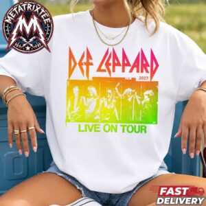 Def Leppard Live on Tour 2027 White Short Sleeve T-Shirt Vintage Rainbow Gradient Film Strip Graphic Tee Retro Rock Band Concert Merch