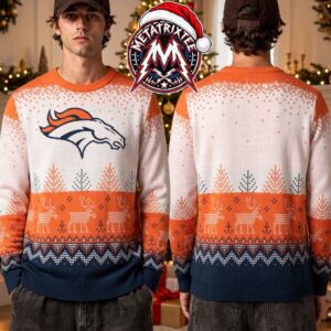 Denver Broncos NFL Team Logo Reindeer Pine Tree Pattern 2026 Knitted Ugly Christmas Sweater