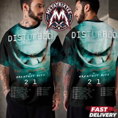 Disturbed all over print t-shirt featuring the sickness graphic face and tour dates in teal