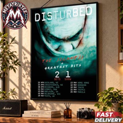 Disturbed concert poster featuring The Sickness album art with Australia, New Zealand, and Asia tour dates.