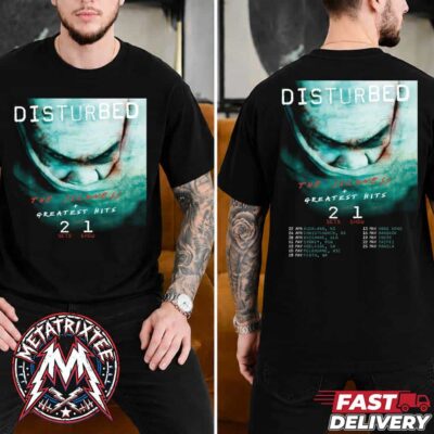 Black two-sided Disturbed tour t-shirt featuring The Sickness teal mascot artwork on front and back with Australia and Asia dates