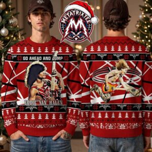 Eddie Van Halen Go Ahead And Jump Red Striped Guitar Gift For Fan Knitted Ugly Christmas Sweater