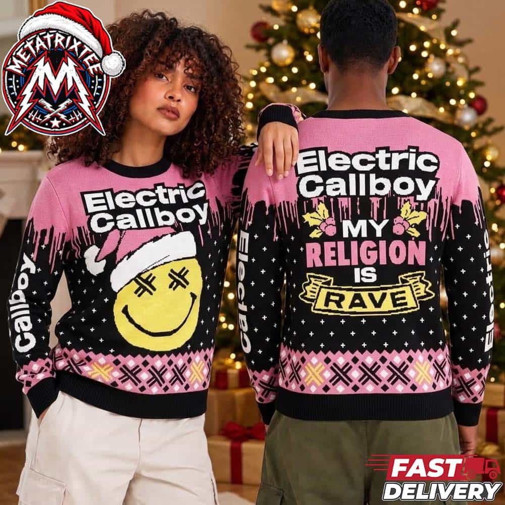 Electric Callboy Smiley Santa Face And My Religion Is Rave 2026 Holiday Ugly Christmas Sweater Electric Callboy Smiley Santa Face And My Religion Is Rave 2026 Holiday Ugly Christmas Sweater