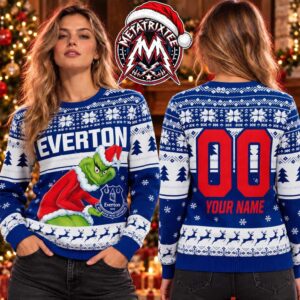 Everton FC The Grinch Santa Hat Holding Club Crest Snowflakes Reindeer Custome Name And Number 2026 Knitted Ugly Christmas Sweater
