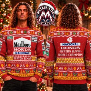 F1 Ayrton Senna World Champion Marlboro Honda Nacional Racing Logos And Helmets 2026 Knitted Ugly Christmas Sweater
