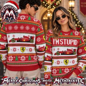 Ferrari F1 Racing Car And I’m Stupid Quote Funny 2026 Knitted Ugly Christmas Sweater