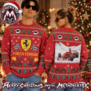 Ferrari Formula 1 Racing Team Logo And Red F1 Car Snow Scene 2026 Knitted Ugly Christmas Sweater