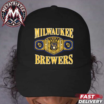Black milwaukee brewers snapback hat with team typography and a championship title belt graphic.