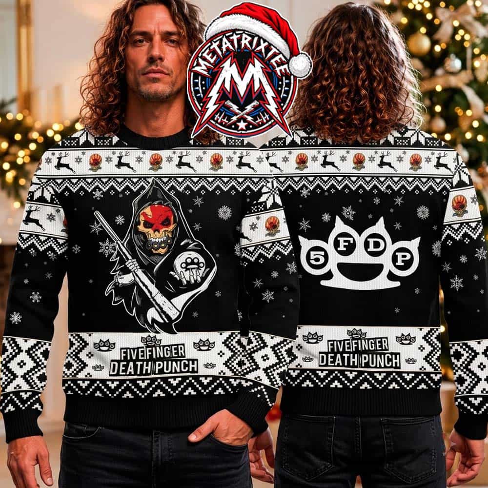 Five Finger Death Punch 5FDP Knucklehead Skull And Brass Knuckles Holiday Christmas Xmas Ugly Christmas Sweater Five Finger Death Punch 5FDP Knucklehead Skull And Brass Knuckles Holiday Christmas Xmas Ugly Christmas Sweater