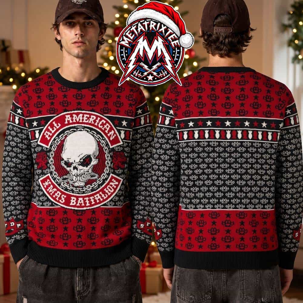 Five Finger Death Punch 5FDP All American Xmas Battalion Skull Knuckle Duster 2026 Knitted Ugly Christmas Sweater Five Finger Death Punch 5FDP All American Xmas Battalion Skull Knuckle Duster 2026 Knitted Ugly Christmas Sweater