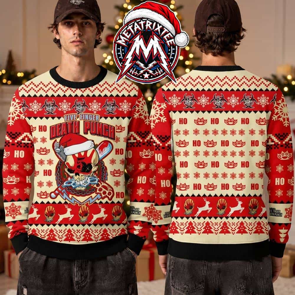 Five Finger Death Punch Christmas Skull Bloody Handprint Brass Knuckles Ho Ho Ho Snowflakes Pattern 5FDP Ugly Christmas Sweater Five Finger Death Punch Christmas Skull Bloody Handprint Brass Knuckles Ho Ho Ho Snowflakes Pattern 5FDP Ugly Christmas Sweater