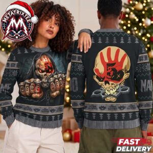 Five Finger Death Punch Hooded Skull Knuckle Fists Red Handprint 2026 Knitted Ugly Christmas Sweater