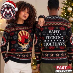 Five Finger Death Punch Skull Red Hand Knuckle Duster Happy Fucking Holidays 2026 Knitted Ugly Christmas Sweater