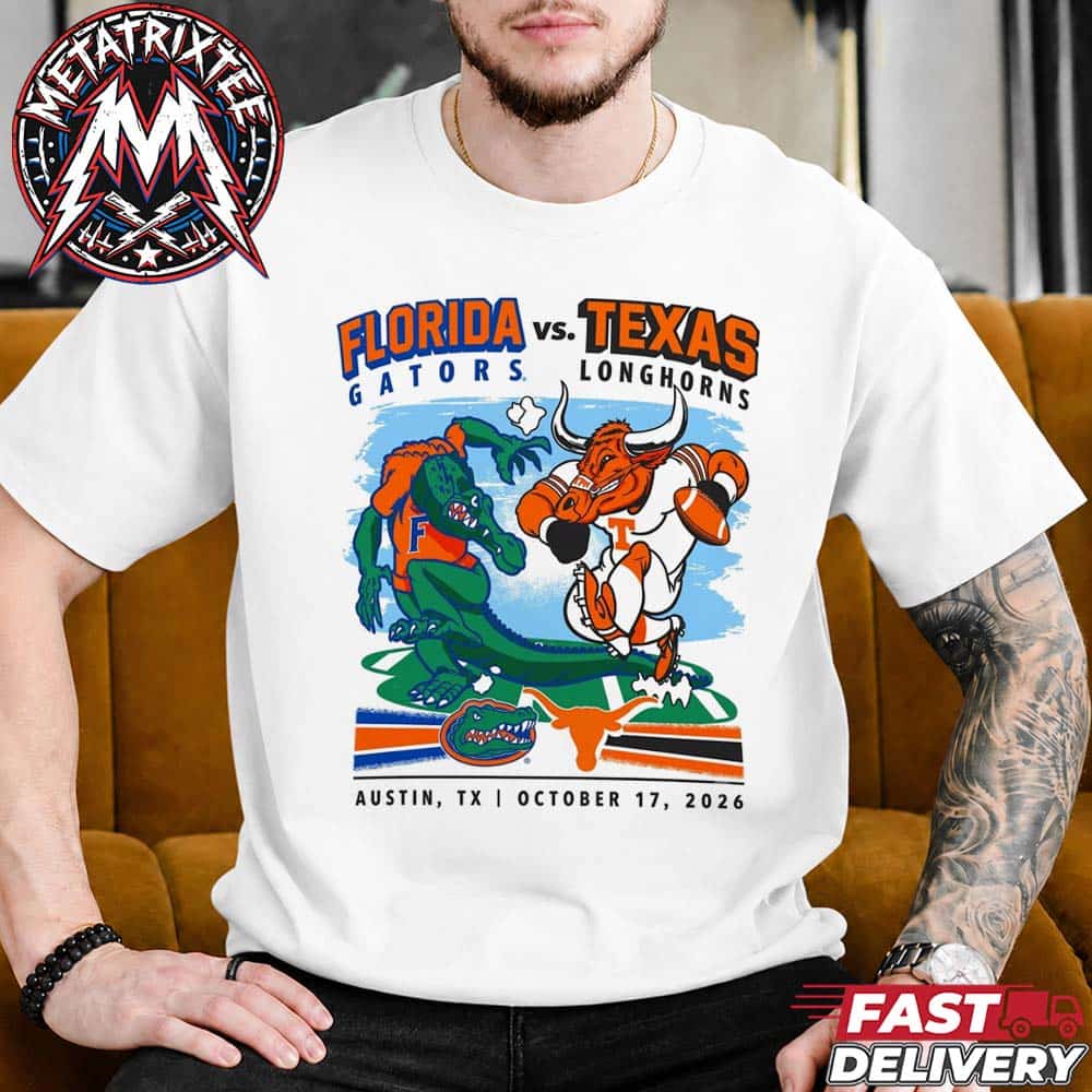 Florida Gators Vs Texas Longhorns Mascot Boxing In Austin TX On October 17 2026 NCAA Division I FBS Short White T-Shirt Florida Gators Vs Texas Longhorns Mascot Boxing In Austin TX On October 17 2026 NCAA Division I FBS Short White T-Shirt