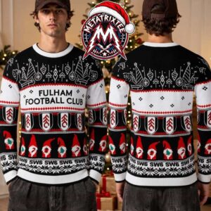 Fulham FC Gnome Christmas Tree Team Shield And Slogan Graphic Pattern Gift For Fan Knitted Ugly Christmas Sweater