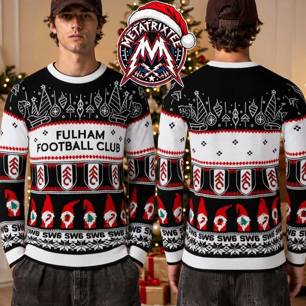 Fulham FC Gnome Christmas Tree Team Shield And Slogan Graphic Pattern Gift For Fan Knitted Ugly Christmas Sweater Fulham FC Gnome Christmas Tree Team Shield And Slogan Graphic Pattern Gift For Fan Knitted Ugly Christmas Sweater