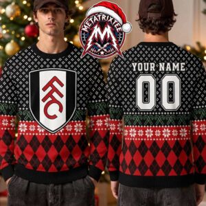 Fulham FC Logo Crest Argyle Red Black Pattern Snowflake Custom Name And Number 2026 Knitted Ugly Christmas Sweater