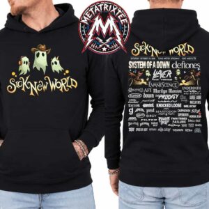 Black hoodie with front ghost trio graphics and back band roster for Sick New World Texas 2026.