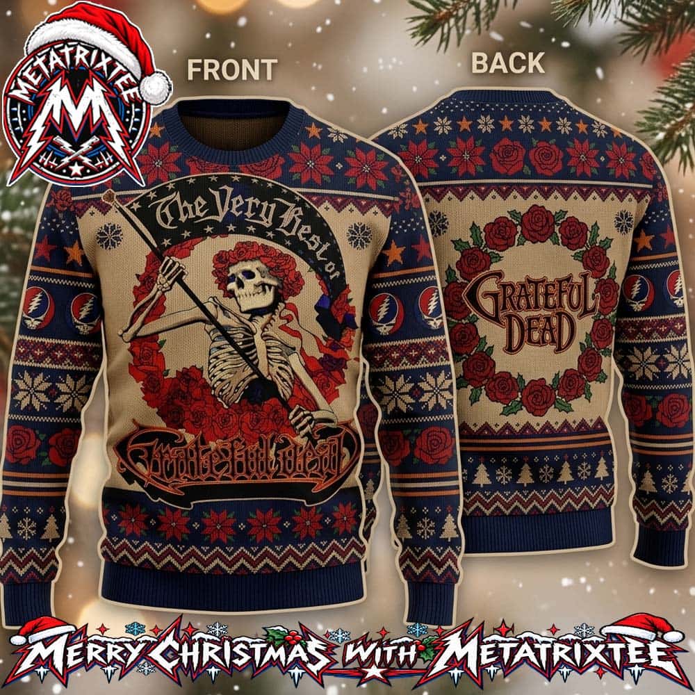 Grateful Dead The Very Best Of Skeleton Flag And Red Roses Ugly Christmas Sweater Gift For Holiday 2026 Grateful Dead The Very Best Of Skeleton Flag And Red Roses Ugly Christmas Sweater Gift For Holiday 2026