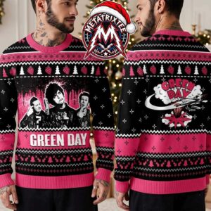Green Day American Rock Band Pink And Black Christmas Era Graphic Print Gift For Fan Knitted Ugly Christmas Sweater
