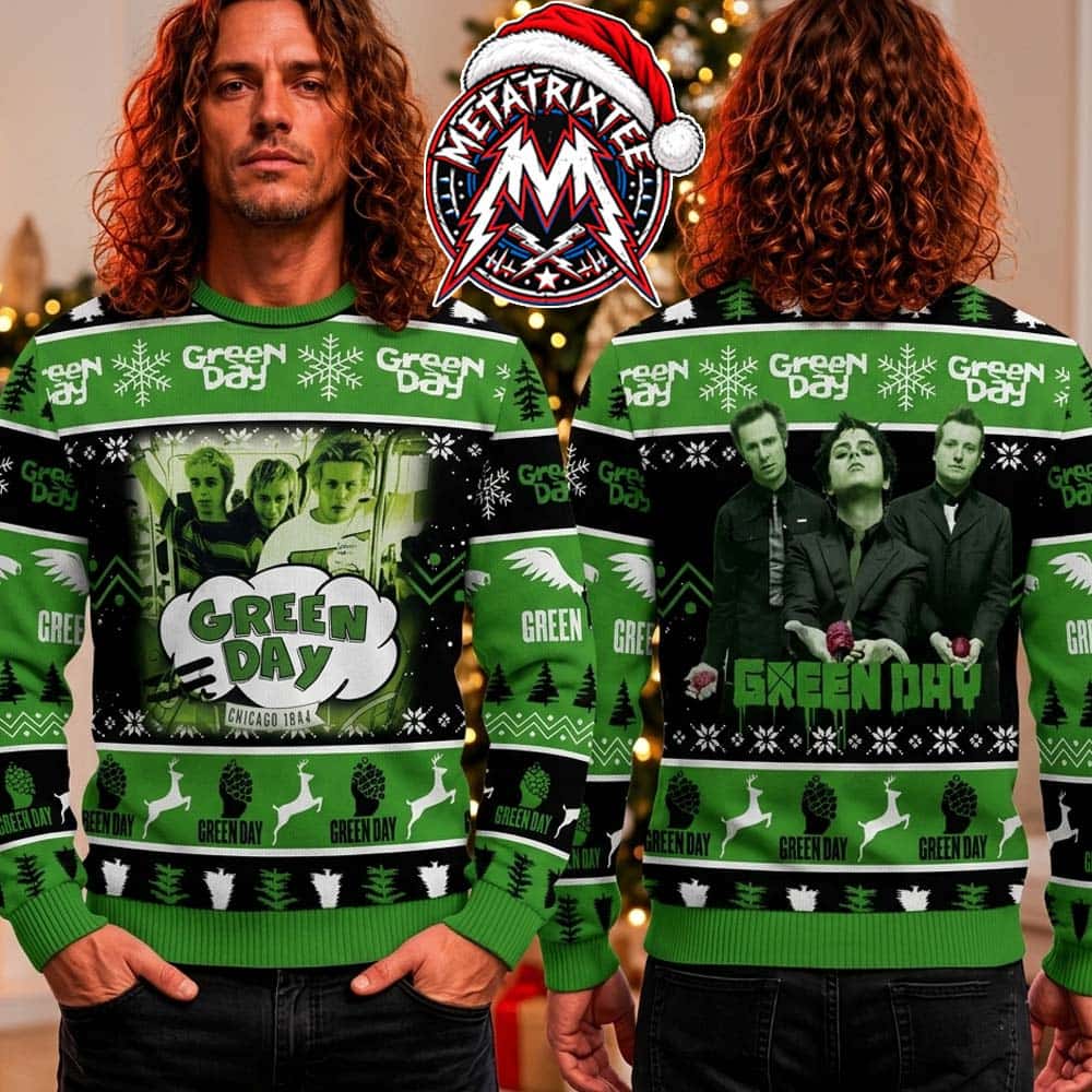 Green Day Band Chicago 1994 Dookie Graphic Green Black Fair Isle Pattern Gift For Fan Knitted Ugly Christmas Sweater Green Day Band Chicago 1994 Dookie Graphic Green Black Fair Isle Pattern Gift For Fan Knitted Ugly Christmas Sweater