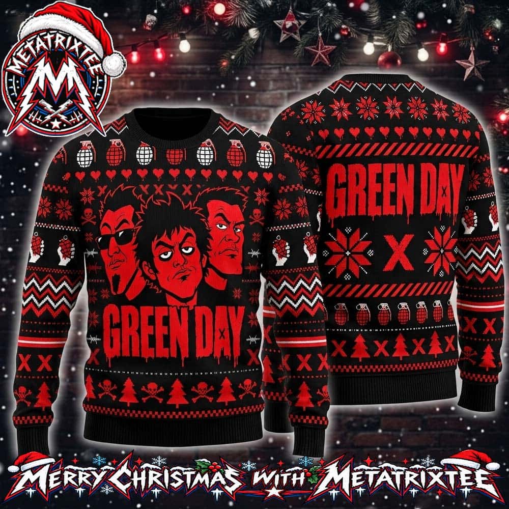 Green Day Band Members Face Portraits and Grenade Christmas Patterns 2026 Holiday Ugly Christmas Sweater Green Day Band Members Face Portraits and Grenade Christmas Patterns 2026 Holiday Ugly Christmas Sweater