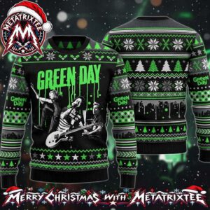Green Day Band Rock Concert Members Artwork with Snowflakes and Pine Trees Patterns Gift For Fan Knitted Ugly Christmas Sweater