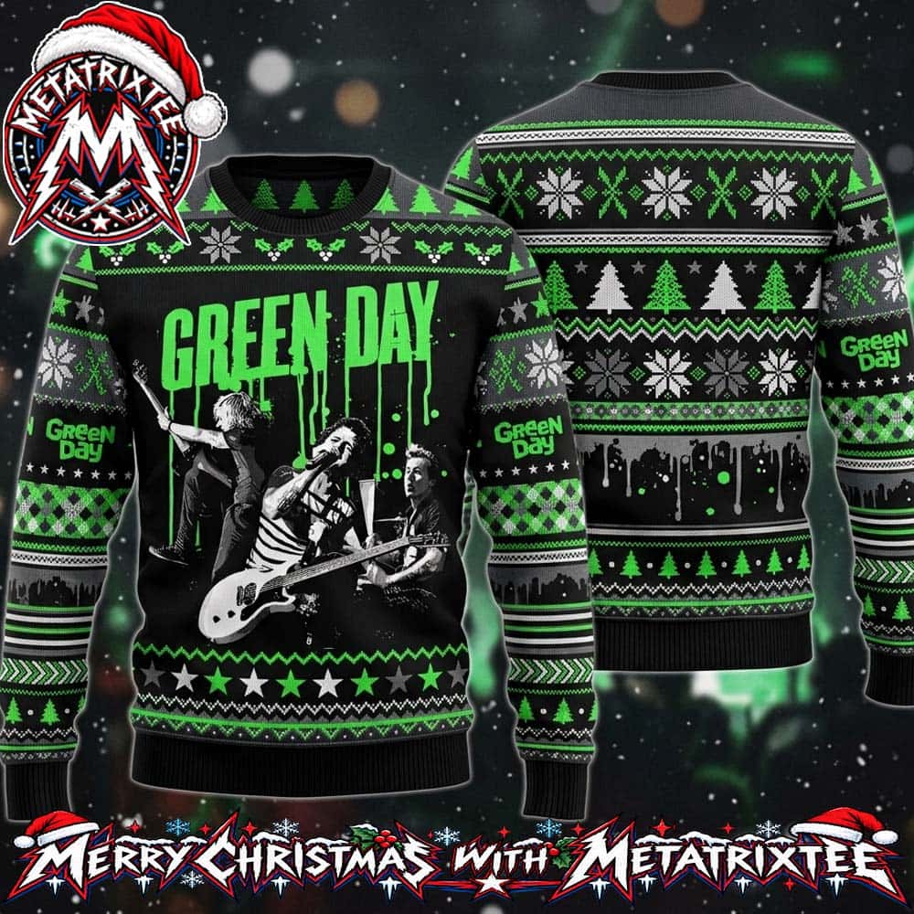 Green Day Band Rock Concert Members Artwork with Snowflakes and Pine Trees Patterns Gift For Fan Knitted Ugly Christmas Sweater Green Day Band Rock Concert Members Artwork with Snowflakes and Pine Trees Patterns Gift For Fan Knitted Ugly Christmas Sweater