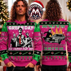 Green Day Band The Saviors Tour 2024 And Xmas Time Of The Year Pink Green Pattern Gift For Fan Knitted Ugly Christmas Sweater