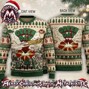 Green Day Dookie Album Cover Art Explosion and Grenade Patterns 2026 Holiday Ugly Christmas Sweater