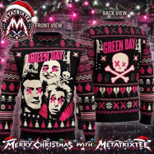 Green Day Pink X-Eyes Band Members Portraits and Skull Crossbones Patterns Personalized Christmas 2026 Holiday Ugly Christmas Sweater
