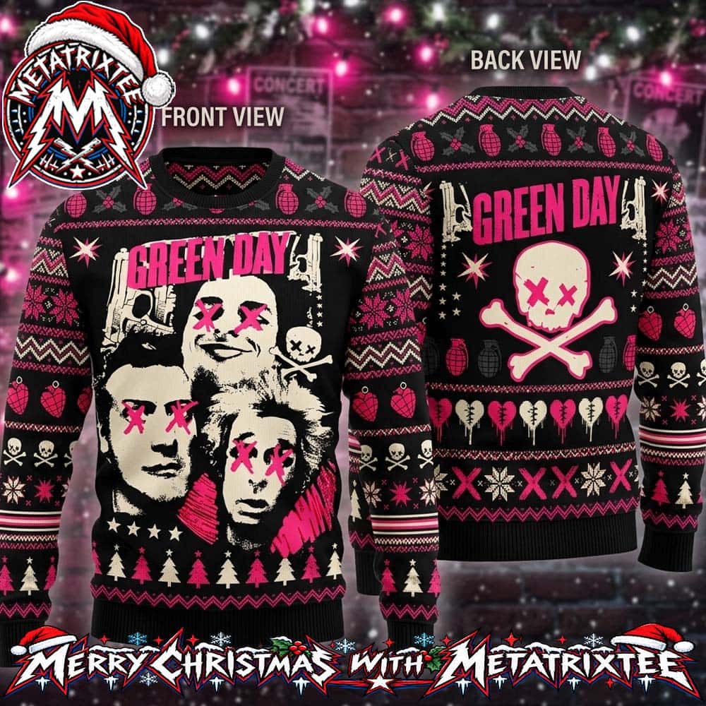 Green Day Pink X-Eyes Band Members Portraits and Skull Crossbones Patterns Personalized Christmas 2026 Holiday Ugly Christmas Sweater Green Day Pink X-Eyes Band Members Portraits and Skull Crossbones Patterns Personalized Christmas 2026 Holiday Ugly Christmas Sweater