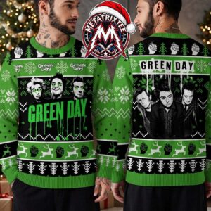 Green Day Rock Band Graphic Holiday Pine Tree And Reindeer Pattern Gift For Fan Knitted Ugly Christmas Sweater
