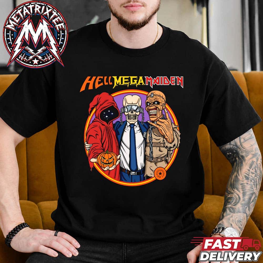 HELLMEGAMAIDEN Artwork For Halloween 2026 With Iron Maiden Eddie And Megadeth Vic Rattlehead And Helloween Keeper Short Black T-Shirt HELLMEGAMAIDEN Artwork For Halloween 2026 With Iron Maiden Eddie And Megadeth Vic Rattlehead And Helloween Keeper Short Black T-Shirt