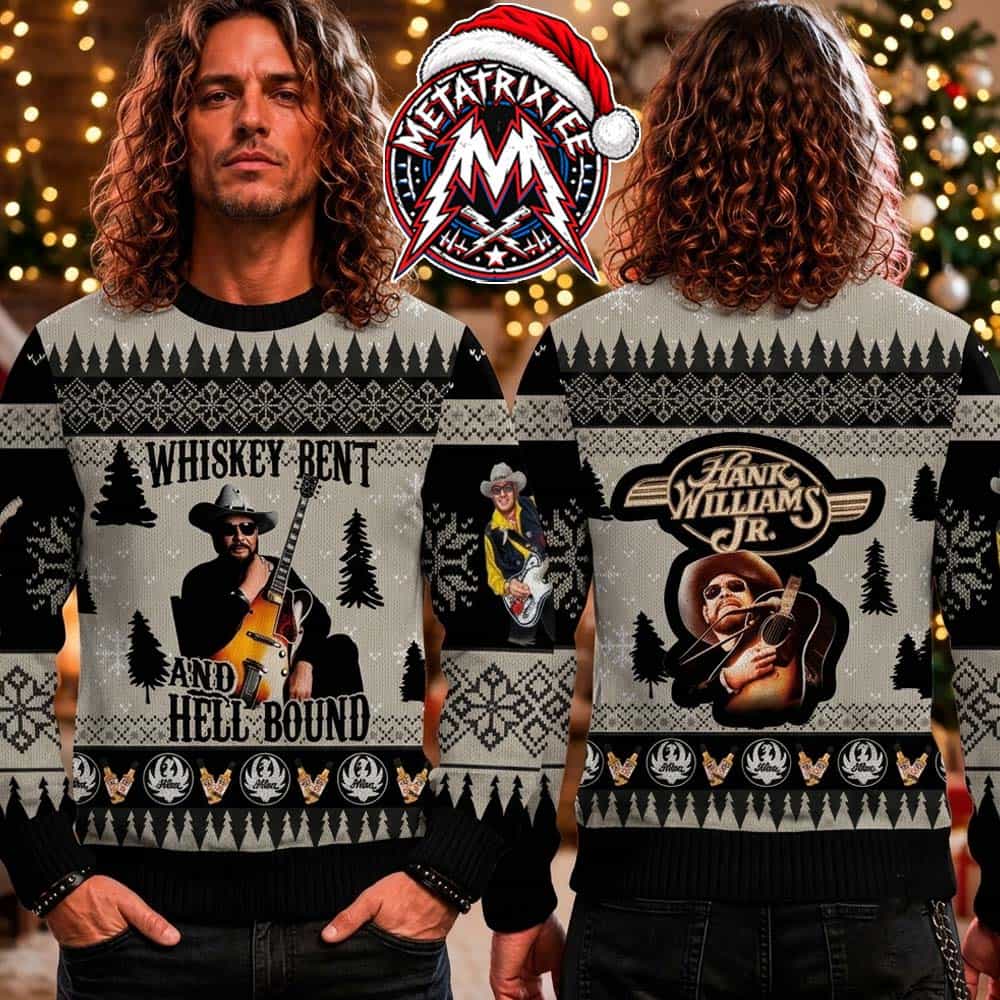 Hank Williams Jr Whiskey Bent And Hell Bound Country Singer Pine Trees Graphic 2026 Knitted Ugly Christmas Sweater Hank Williams Jr Whiskey Bent And Hell Bound Country Singer Pine Trees Graphic 2026 Knitted Ugly Christmas Sweater
