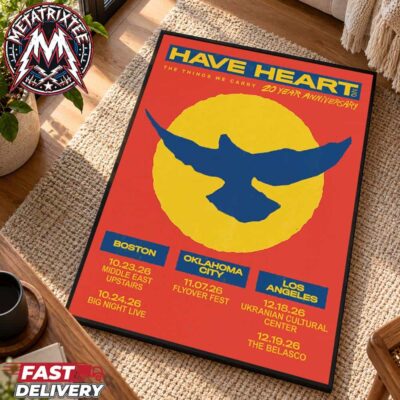 Have Heart tour poster featuring a blue bird silhouette on a yellow circle over a red background with concert dates.