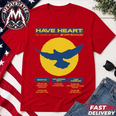 Red Have Heart band graphic t-shirt featuring The Things We Carry 20th anniversary tour poster graphic with a yellow sun, blue bird silhouette, and 2026 tour dates.