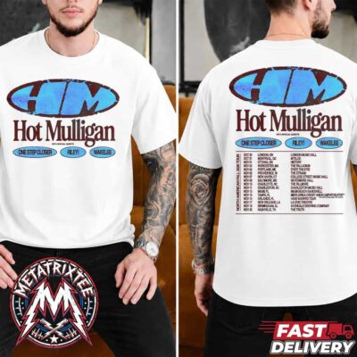 Front and back view of a white Hot Mulligan Fall 2026 tour t-shirt featuring distressed logo graphics and a boxed itinerary.