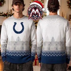 Indianapolis Colts NFL Horseshoe Logo Reindeer Pine Tree Pattern 2026 Knitted Ugly Christmas Sweater