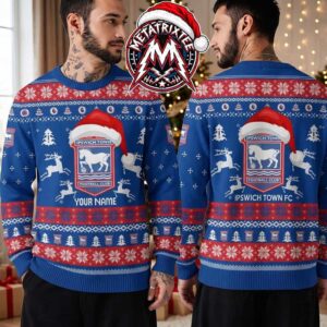 Ipswich Town FC Blue Red Snowflakes Santa Hat Reindeer Football Club Logo Personalized Christmas 2026 Holiday Ugly Christmas Sweater