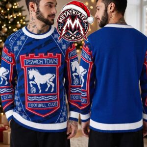 Ipswich Town FC Horse Crest Logo Blue Knitted Personalized Christmas 2026 Holiday Ugly Christmas Sweater