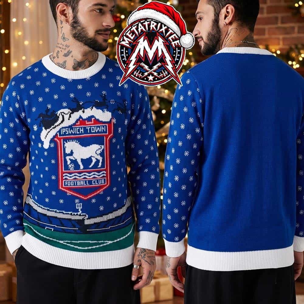 Ipswich Town FC Portman Road Stadium Christmas Jumper Blue Santa Sleigh Crest 2026 Knitted Ugly Christmas Sweater Ipswich Town FC Portman Road Stadium Christmas Jumper Blue Santa Sleigh Crest 2026 Knitted Ugly Christmas Sweater