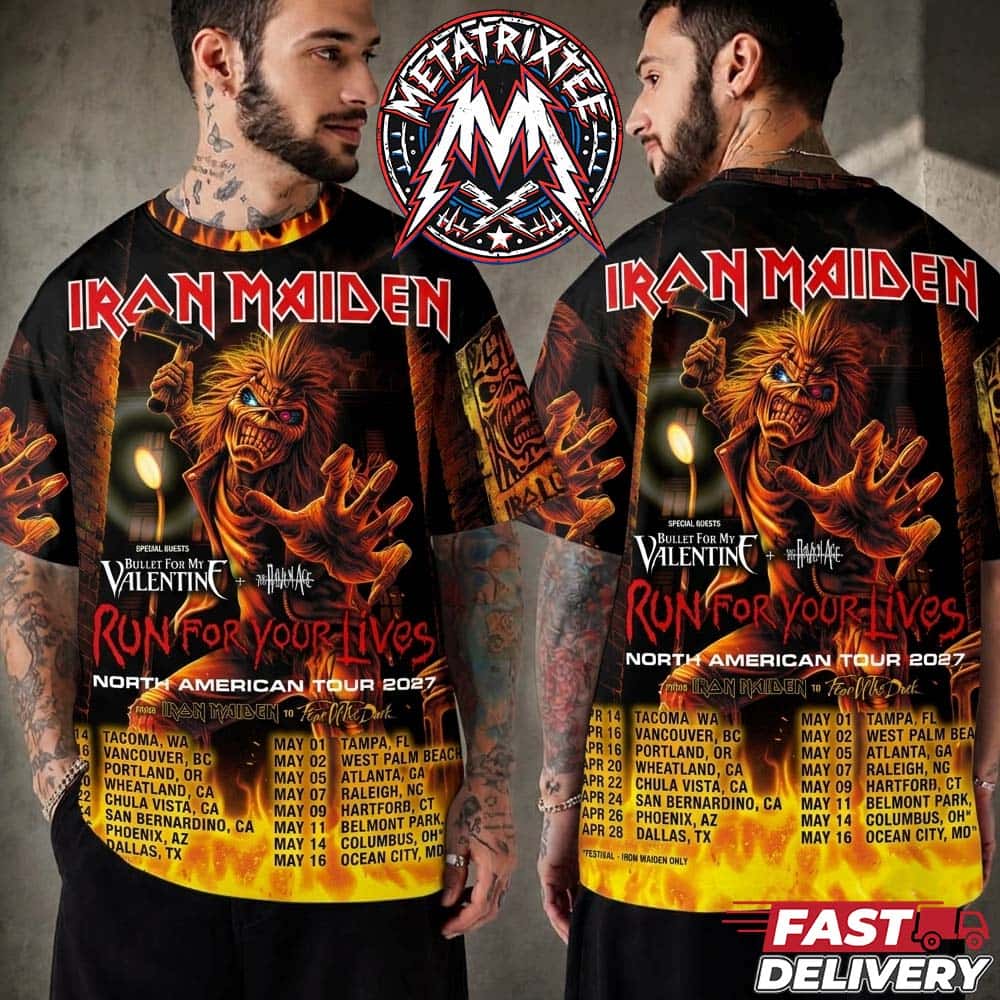 Iron Maiden Run For Your Lives Tour For North America 2027 Poster Start In April 14 In Tacoma WA To May 16 In Ocean City MD All Over Print T-Shirt Iron Maiden Run For Your Lives Tour For North America 2027 Poster Start In April 14 In Tacoma WA To May 16 In Ocean City MD All Over Print T-Shirt