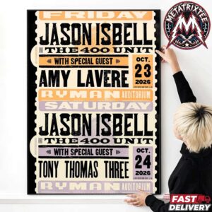 Jason Isbell and The 400 Unit Concert Poster With Amy LaVere And Tony Thomas Three On October 23th And 24th 2026 At Ryman Auditorium In Nashville TN Poster Canvas