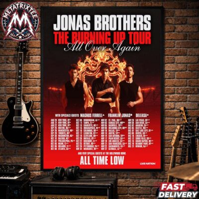 Jonas Brothers The Burning Up Tour All Over Again poster featuring Nick, Joe, and Kevin with concert dates.