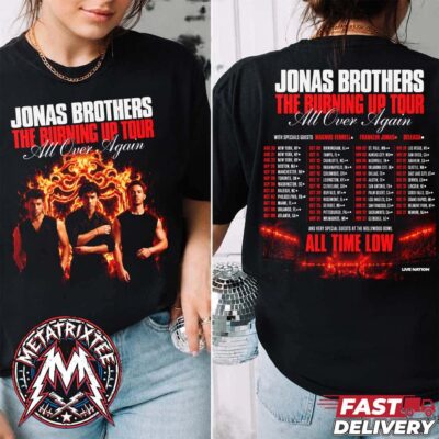 Black two-sided tour T-shirt featuring a flaming portrait graphic of the Jonas Brothers on the front and printed concert tour dates on the back.
