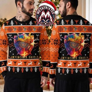 Judas Priest Invincible Shield Heavy Metal Band Graphic Orange Black Pattern 2026 Knitted Ugly Christmas Sweater