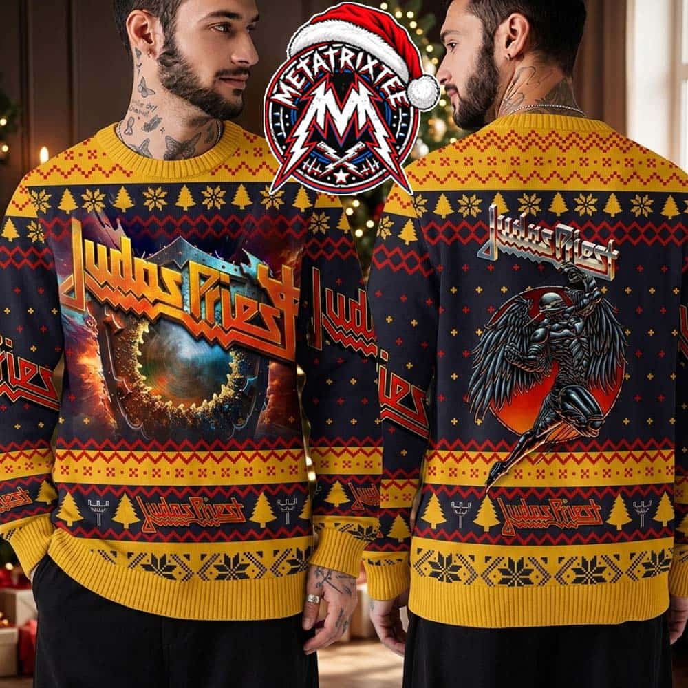 Judas Priest Rock Band Fallen Angel Wing And Portal Pattern 2026 Knitted Ugly Christmas Sweater Judas Priest Rock Band Fallen Angel Wing And Portal Pattern 2026 Knitted Ugly Christmas Sweater